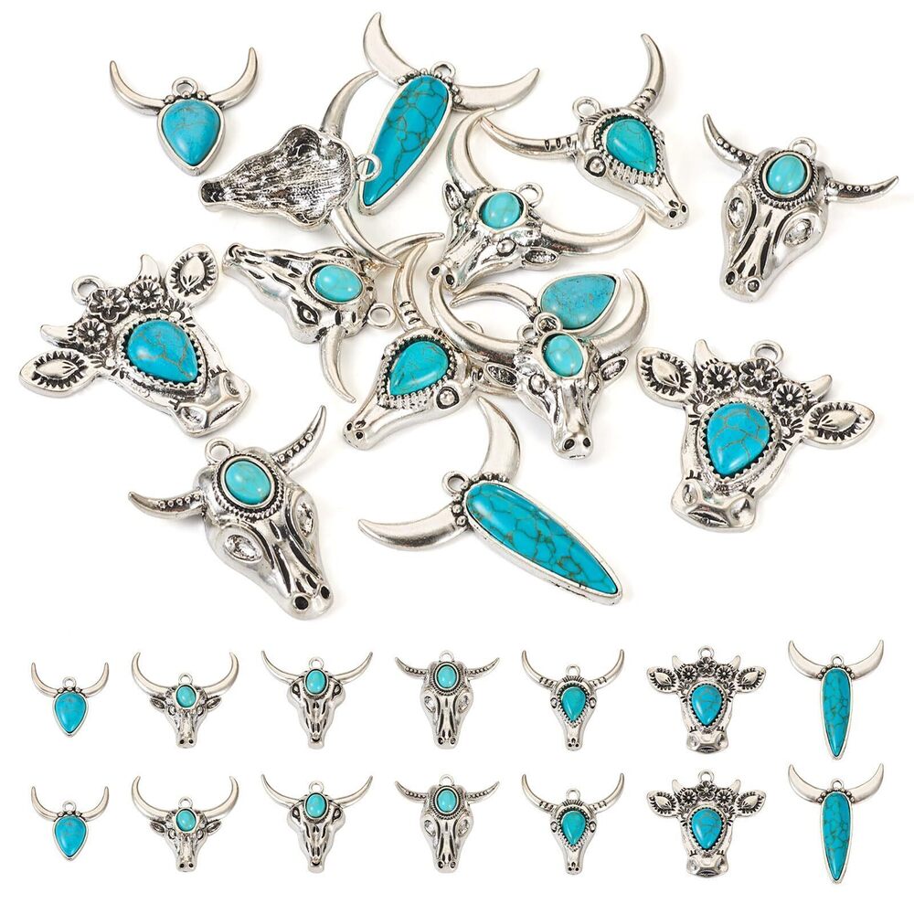 8884 Pandahall 14Pcs Cattle Head Turquoise Charms Tibetan Turquoise